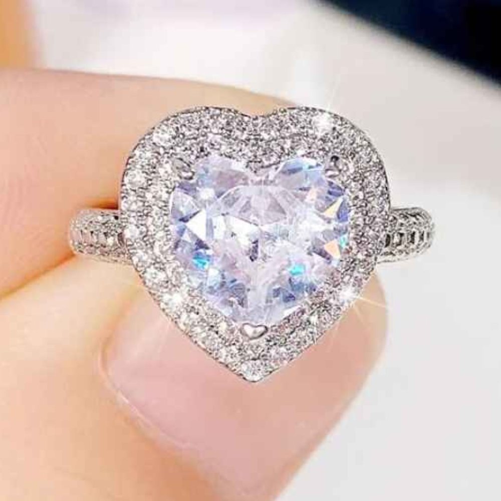 NEW Sterling Silver Heart Double Halo 3.5 CT CZ Ring - Picture 6 of 7